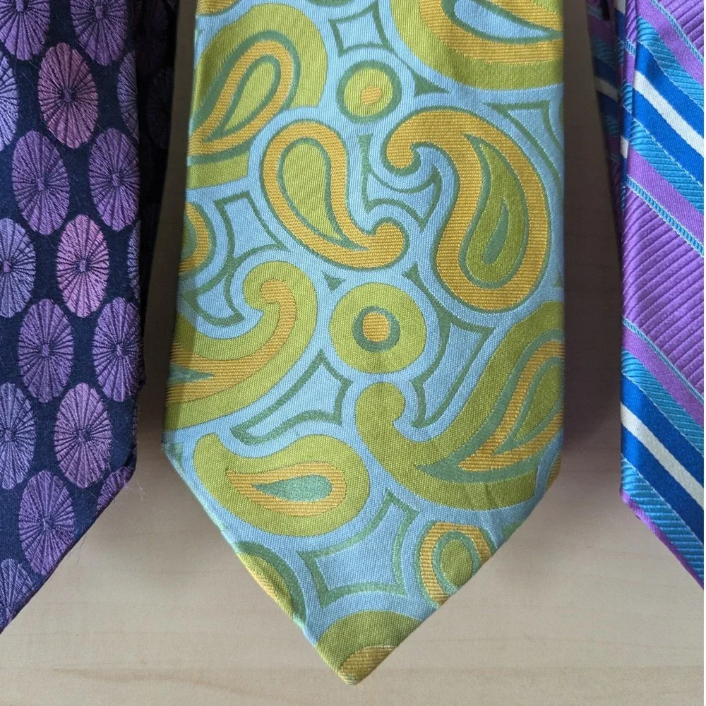Ted Baker London Silk Tie Lot 3pc Paisley Striped Geometric Purple Blue Green